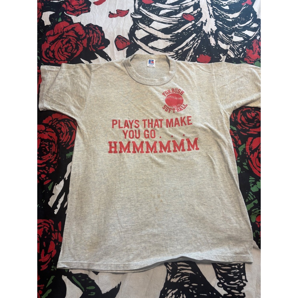 Vintage Russell Athletic Forbush Softball T-Shirt Gray Red Graphic Mens L 90s